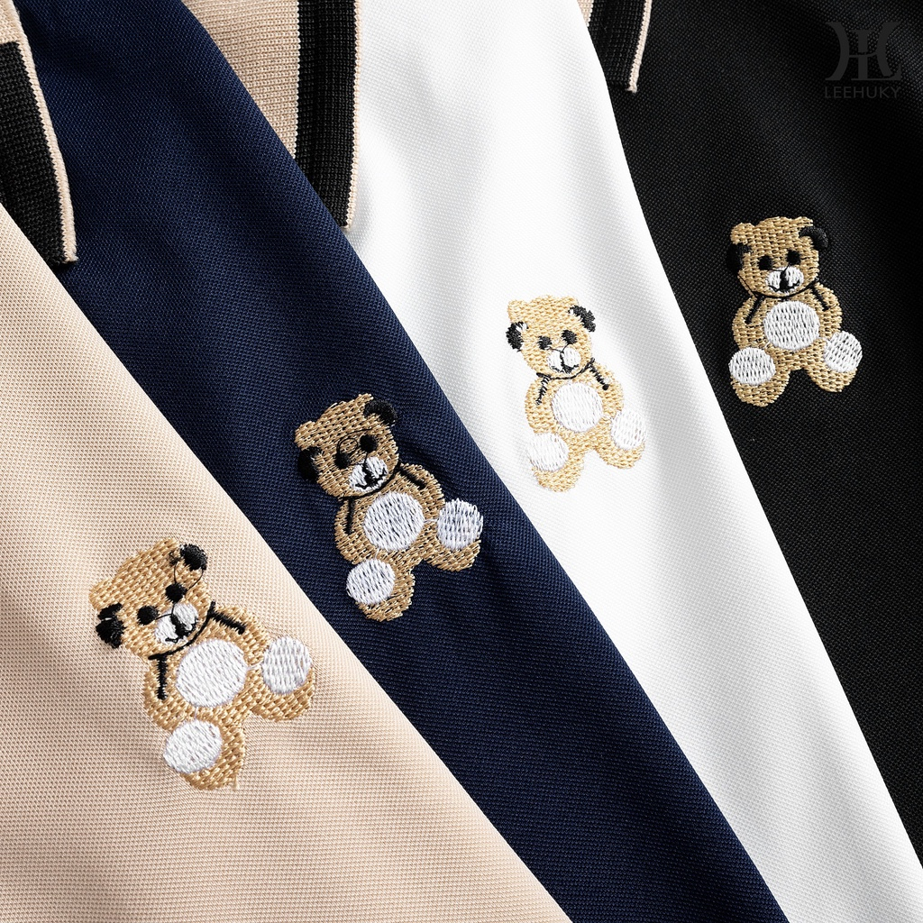 Áo polo cổ bẻ thêu hình gấu, vải cotton mềm mịn cho bé
