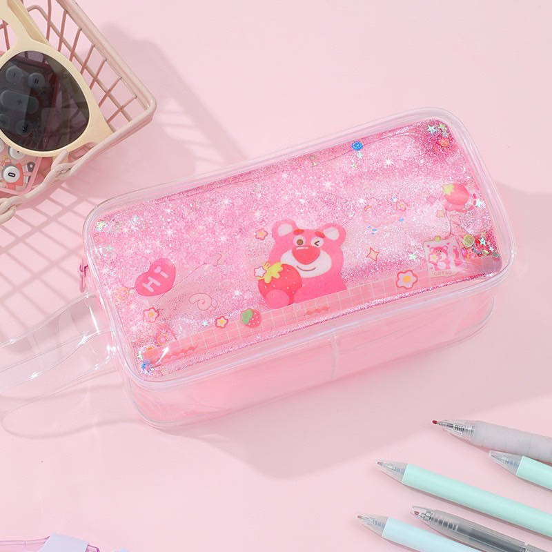 Túi Bút, Túi Đựng Mỹ Phẩm Kim Tuyến Nước Chảy Mẫu Gấu Dâu Lotso Siêu Xinh