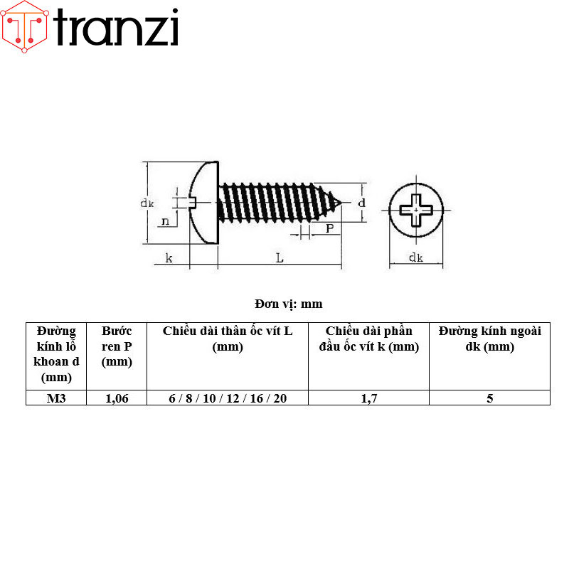 Vít bake đầu cầu đuôi nhọn ren thô mạ niken M3x6 - túi 50 cái