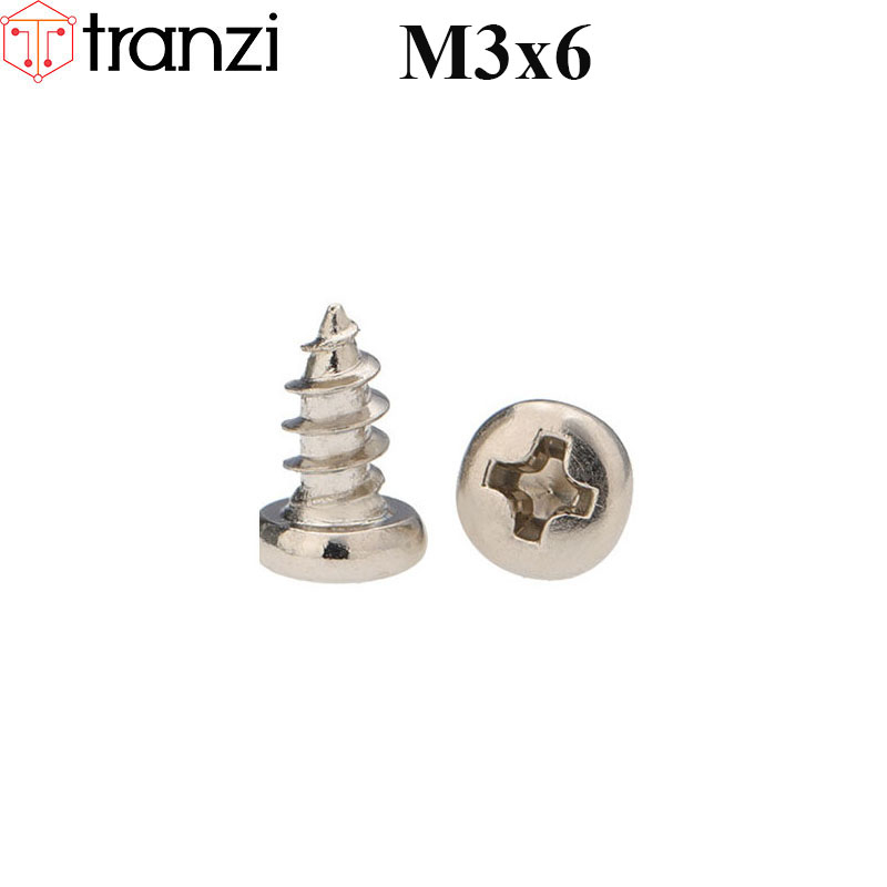 Vít bake đầu cầu đuôi nhọn ren thô mạ niken M3x6 - túi 50 cái