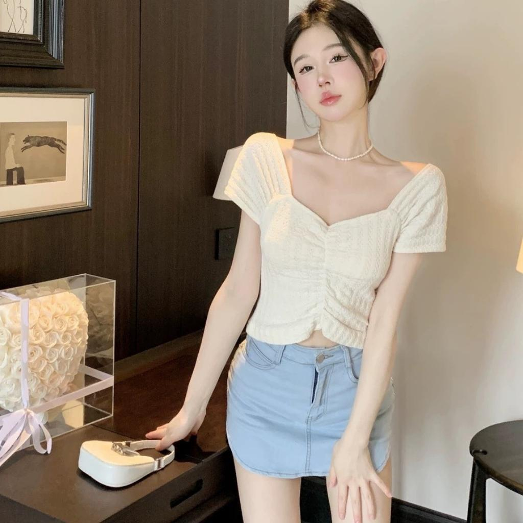 Áo croptop cổ vuông - Áo croptop ôm sát - Áo ren nữ sành điệu tay cánh tiên phong cách cá tính, dễ thương
