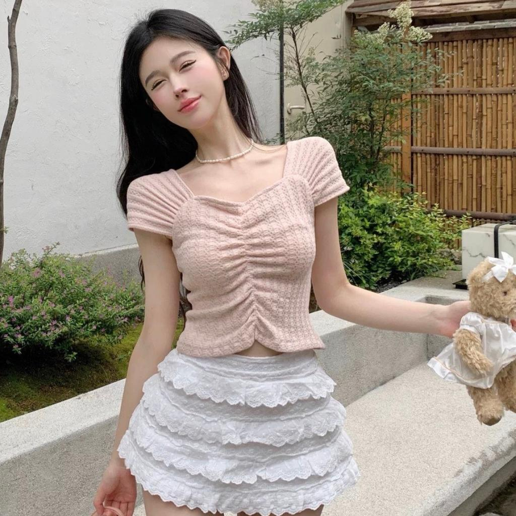 Áo croptop cổ vuông - Áo croptop ôm sát - Áo ren nữ sành điệu tay cánh tiên phong cách cá tính, dễ thương