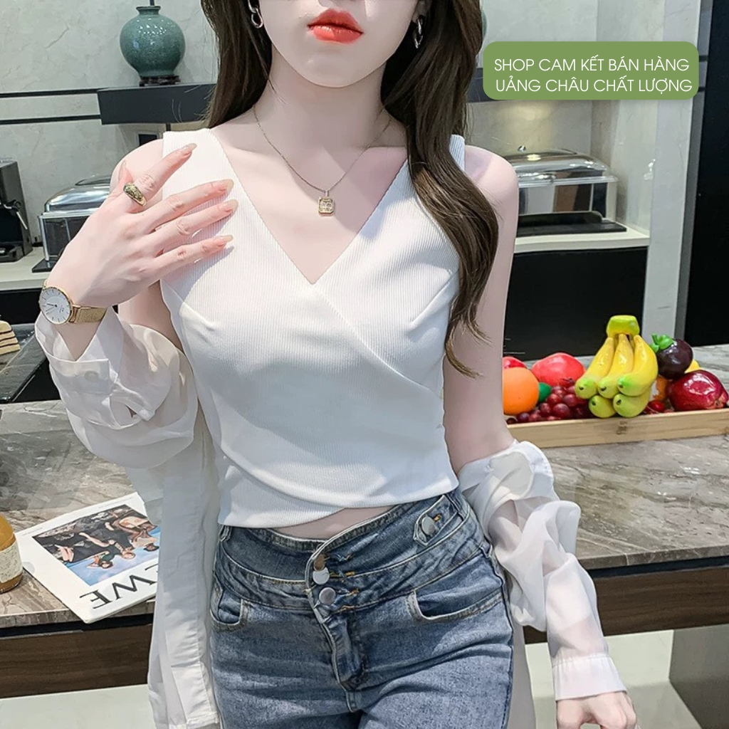 Áo hai dây to hở lưng - Áo hai dây nữ bản to - Áo nữ cổ V sát nách có khóa kéo sau lưng cá tính, sành điệu