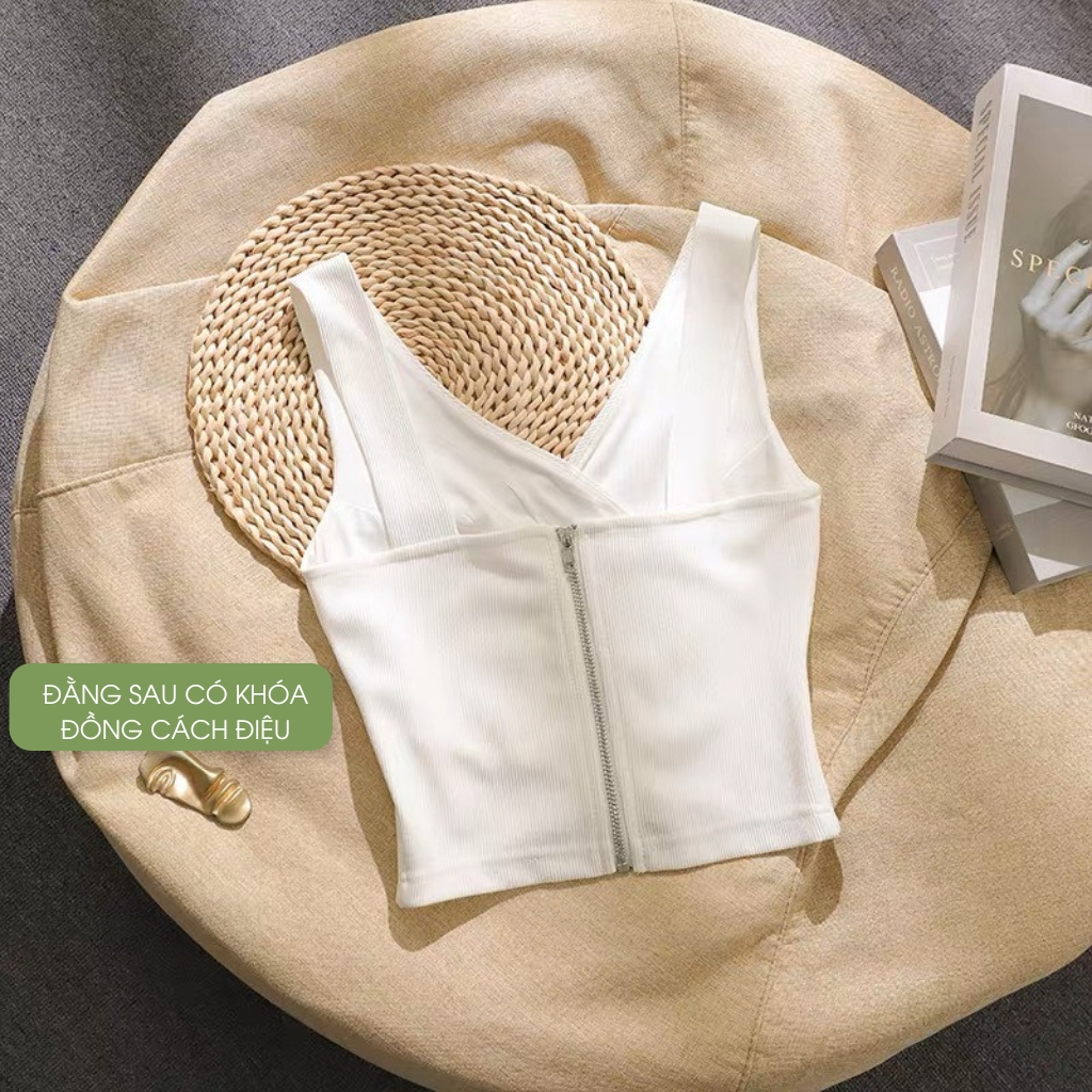 Áo hai dây to hở lưng - Áo hai dây nữ bản to - Áo nữ cổ V sát nách có khóa kéo sau lưng cá tính, sành điệu