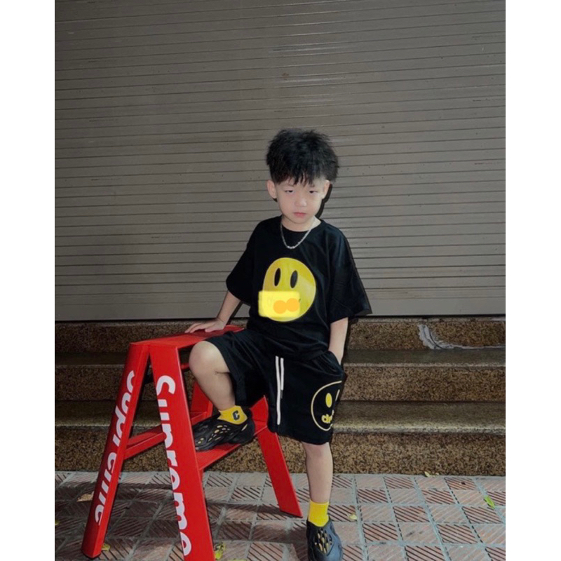 Bộ áo thun quần short mặt cười ss2023 viền cho bé . set áo phông quần đùi bé trai , Kid_genz