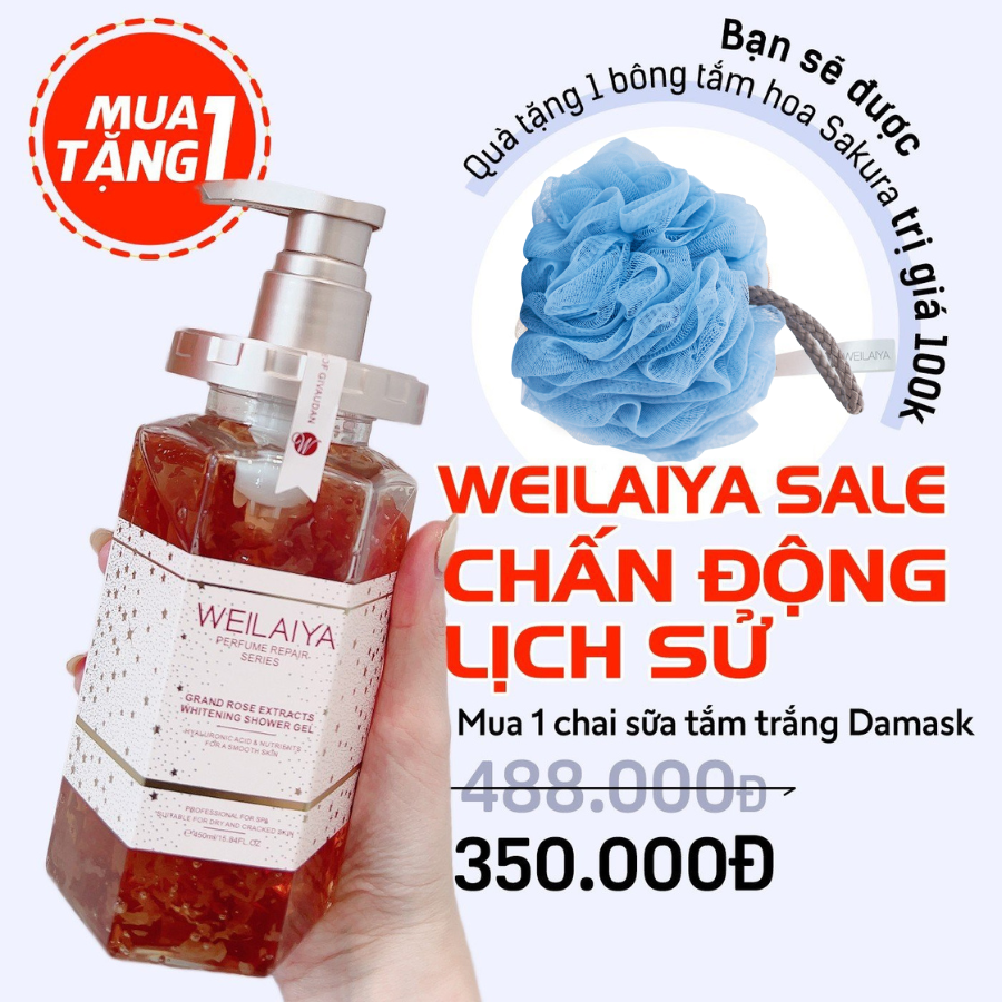 Sữa tắm hoa hồng Damask Weilaiya, hương nước hoa làm sạch cấp ẩm cho da, chai 450ml