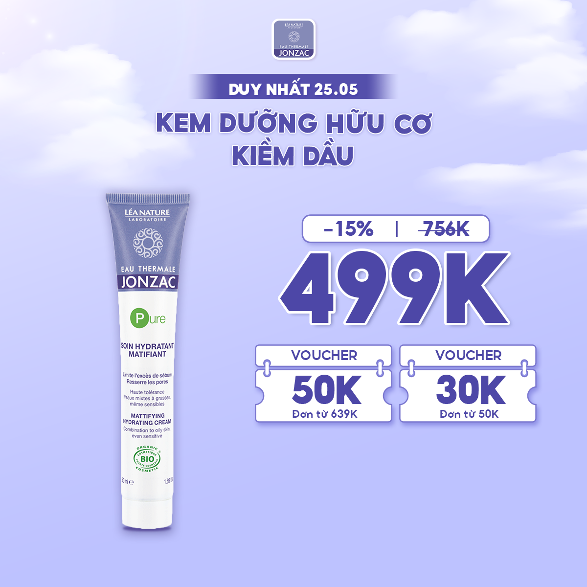 Kem Dưỡng Hữu Cơ Kiềm Dầu Eau Thermale Jonzac Pure Purifying Mattifying Cream 50ml