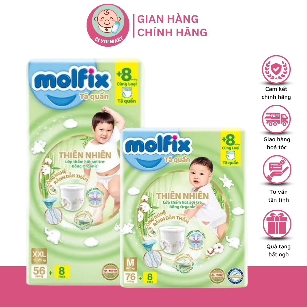 Tã/Bỉm Quần Thiên Nhiên Molfix – Bỉm Quần Thấm Hút Sợi Tre Tự Nhiên Và Bông Organic (Size M, L, XL, XXL)