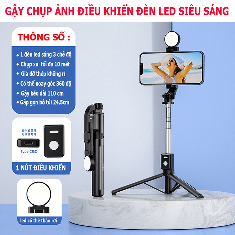 Gậy chụp ảnh selfie 3 chân chụp hình tự sướng có đèn led bluetooth B11S
