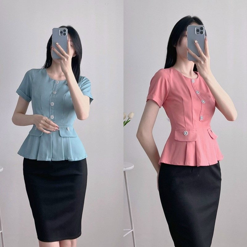 Hàng thiết kế - Áo kiểu peplum công sở xếp ly eo phối túi giả thanh lịch - A56160