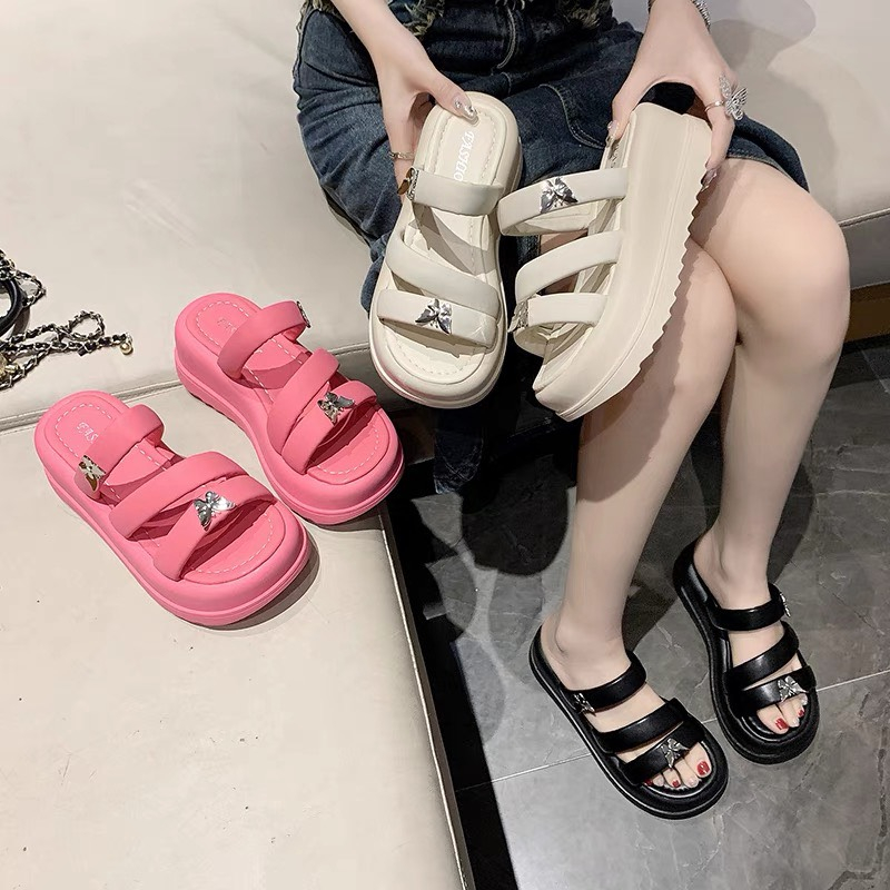 Sẵn_Hàng Quảng Châu_Dép nữ quai chéo tag nơ xinh, đế bánh mì 5 phân