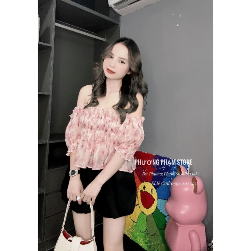 Set Áo Hoa Trễ Vai mix Quần Bom