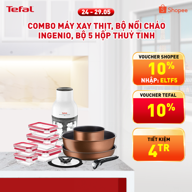 Combo 5: Bộ nồi chảo cán rời Ingenio+Bộ 5 hộp thủy tinh Masterseal Glass+Máy xay thực phẩm MB520138