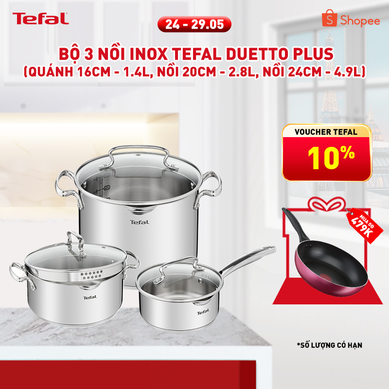 Bộ 3 nồi inox Tefal Duetto Plus (Quánh 16cm - 1.4L, Nồi 20cm - 2.8L, Nồi 24cm - 4.9L)
