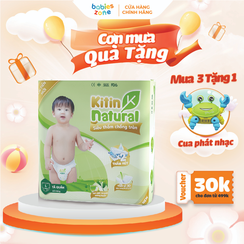 Tã quần/Bỉm quần trà xanh Kitin Natural chống hăm size M44/L40/XL38/XXL36/XXXL34