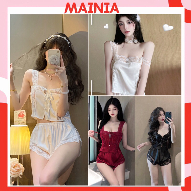 [ HÀNG ĐẸP, LOẠI 1 ] Đồ Ngủ, Đồ Bộ, Set Áo 2 Dây Nút Ngọc Quần Đùi Lụa Satin Xẻ Đùi Siêu Cưng Mainia Shop
