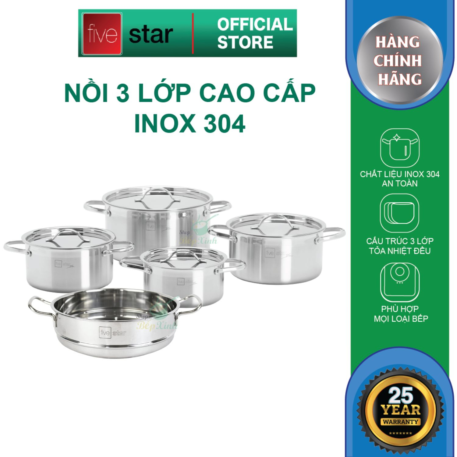 Combo Bộ nồi bếp từ inox 304 và xửng hấp cao cấp FiveStar Plus nắp inox