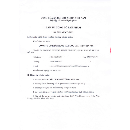 Rượu Lúa Mới HALICO nồng độ 40% chai 700ml không kèm hộp