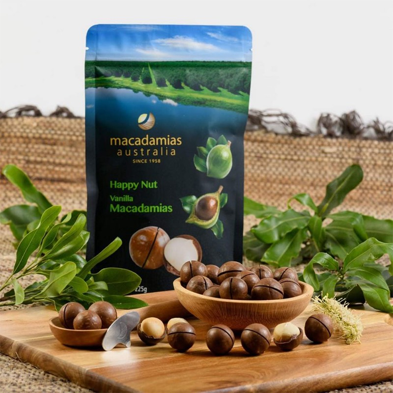 Hạt mắc ca Úc nguyên vỏ vị Vanilla Happy Nut Vanilla Macadamias Australia 225g