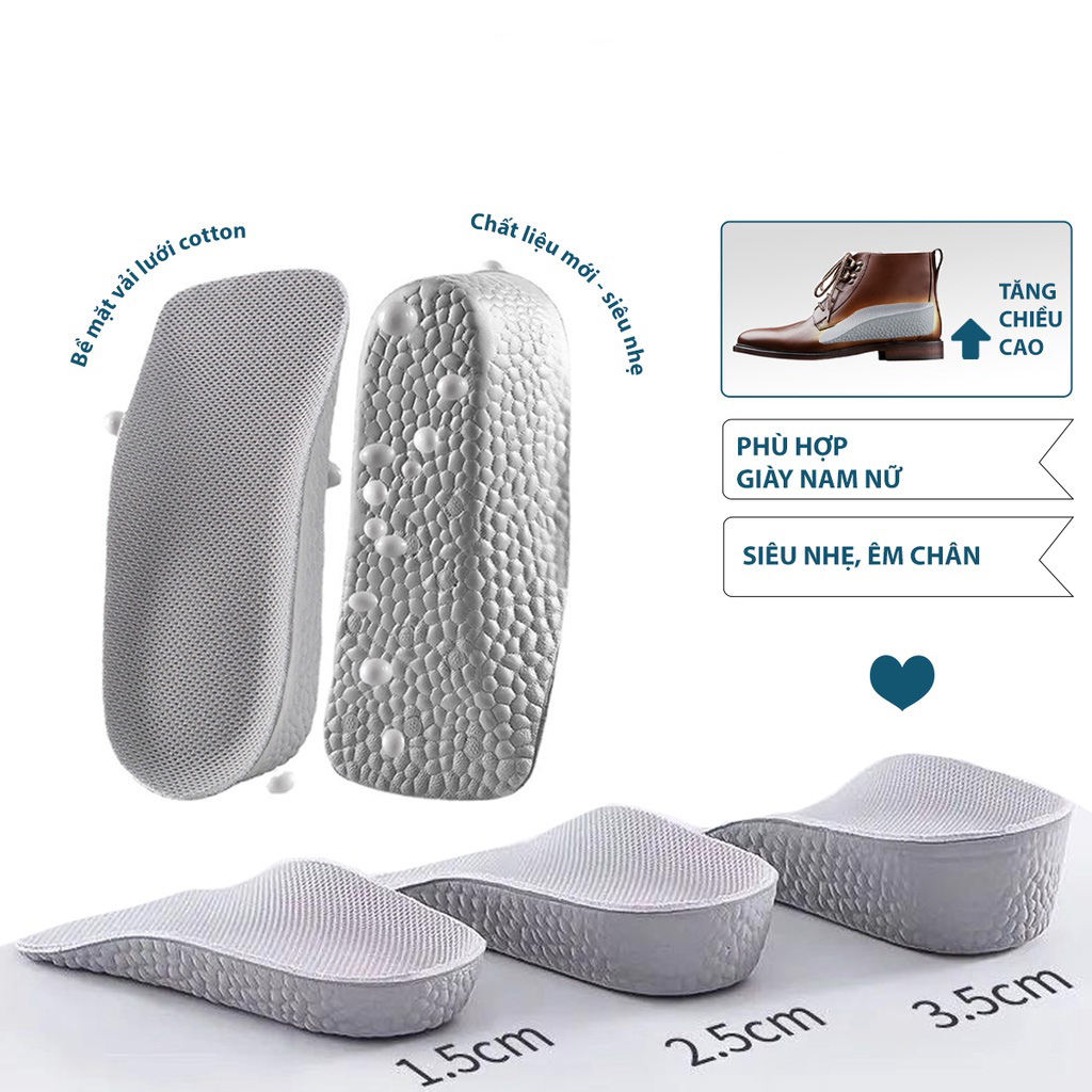Lót giày tăng chiều cao chất liệu cao cấp êm chân thoáng khí, siêu nhẹ dành cho nam và nữ HKD114