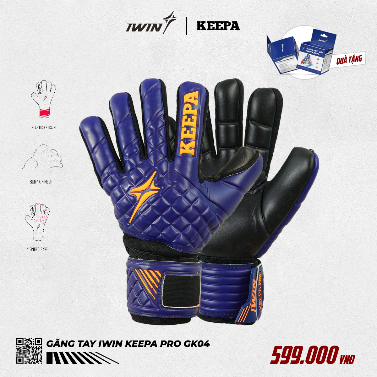 Găng tay thủ môn Iwin GK03-GK04 sân 5 sân 7 sân 11 bắt bóng cực dính hàng cao cấp tặng kèm băng keo