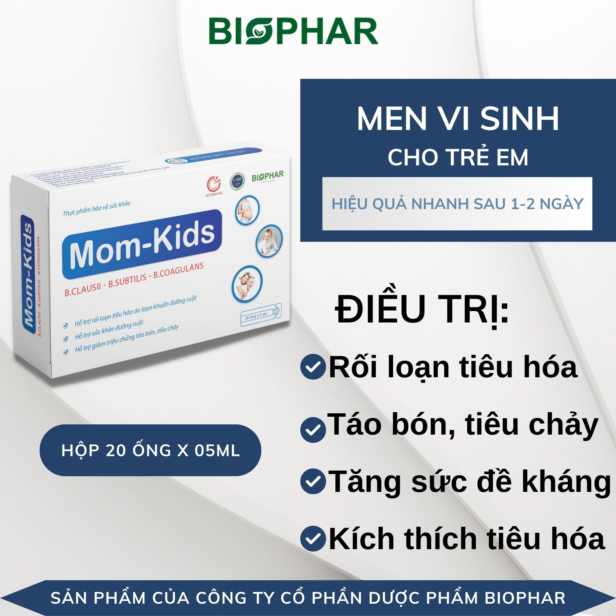 Men Vi Sinh Cho Bé MOM-KIDS 60 Tỷ Bào Tử Lợi Khuẩn Hỗ Trợ Giảm Táo Bón Rối Loạn Tiêu Hóa - Hộp 20 Ống x 5ml