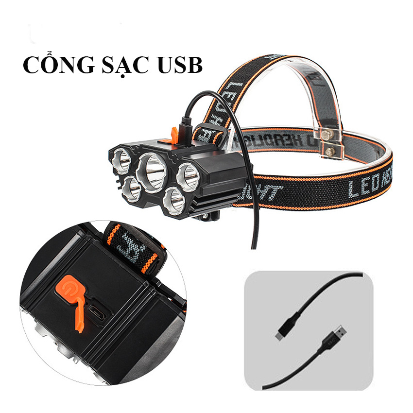 Đèn Pin Đội Đầu 5 Bóng, Đèn Pin Siêu Sáng Tích Điện Chống Nước Thích Hợp Đi Dã Ngoại-Highlight Store