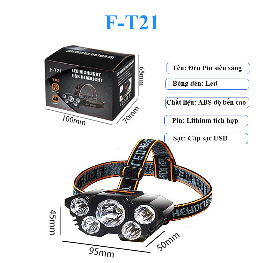 Đèn Pin Đội Đầu 5 Bóng, Đèn Pin Siêu Sáng Tích Điện Chống Nước Thích Hợp Đi Dã Ngoại-Highlight Store