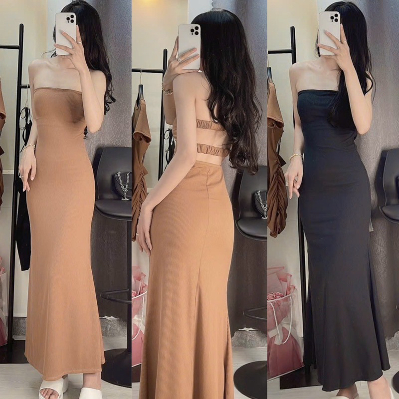 Đầm Ống Maxxi Tăm Bo Dáng Đuôi Cá Hở Lưng 2 Dây Bảng Ngang