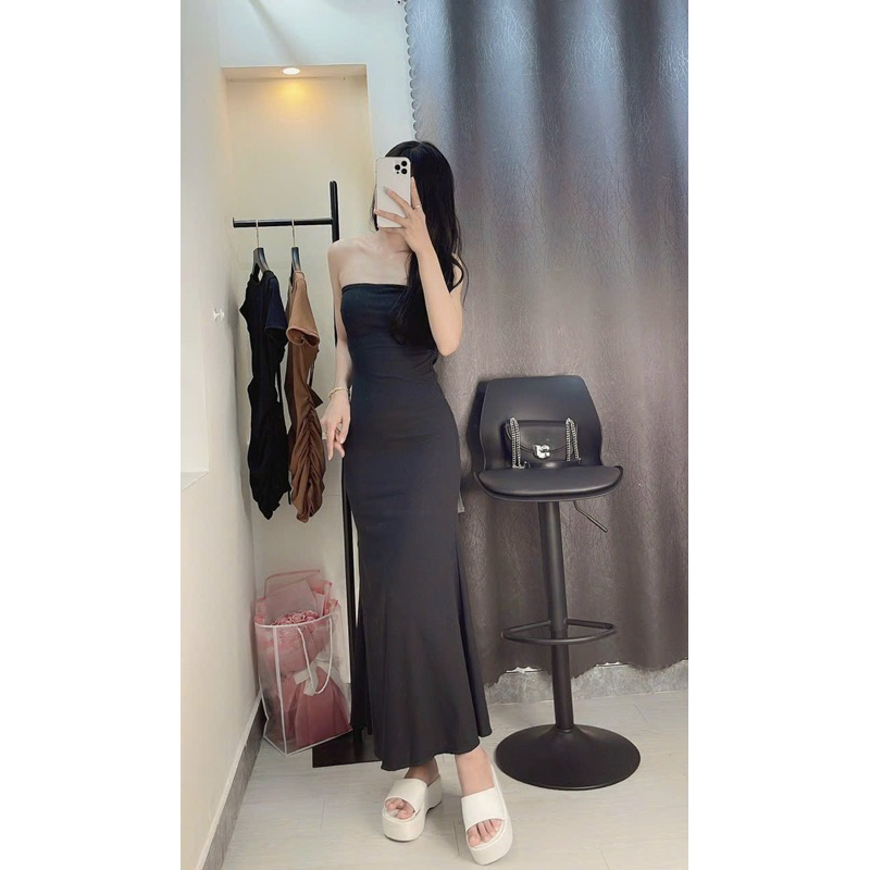 Đầm Ống Maxxi Tăm Bo Dáng Đuôi Cá Hở Lưng 2 Dây Bảng Ngang