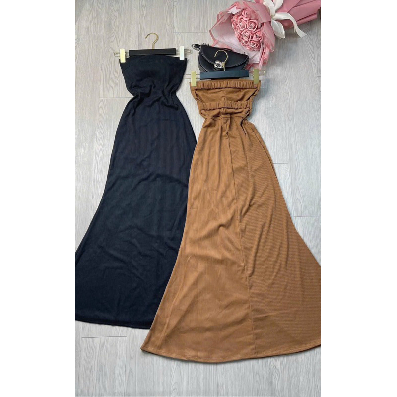 Đầm Ống Maxxi Tăm Bo Dáng Đuôi Cá Hở Lưng 2 Dây Bảng Ngang