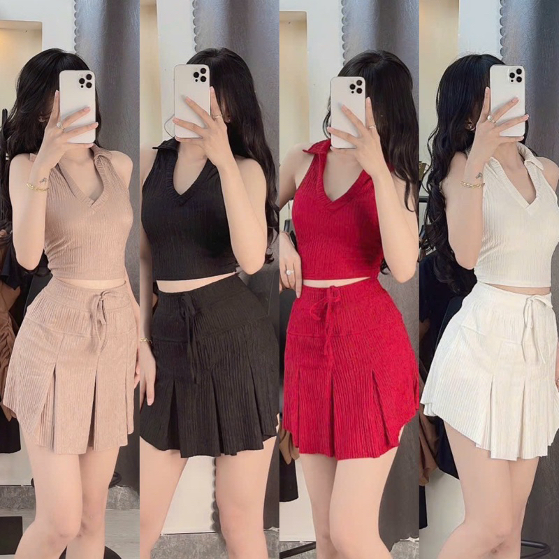 Set Bộ Xốp Nhún Áo Sát Nách 3 Lỗ V Cổ Bẻ + Váy Xoè Xếp Ly Lót Quần Kỹ