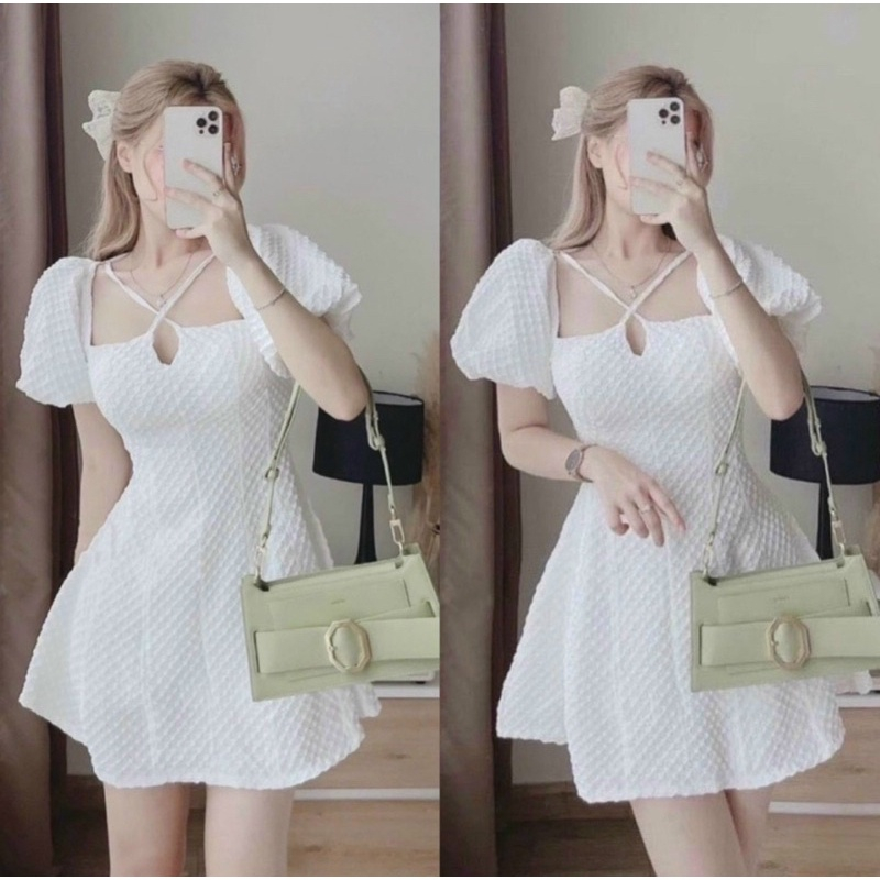 Đầm váy nữ lụa xốp cổ yếm 4 màu dáng xòe cực xinh phối ống tay phồng YADO, Đầm dáng xòe cao cấp M74