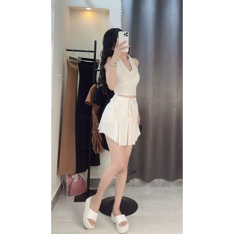 Set Bộ Xốp Nhún Áo Sát Nách 3 Lỗ V Cổ Bẻ + Váy Xoè Xếp Ly Lót Quần Kỹ