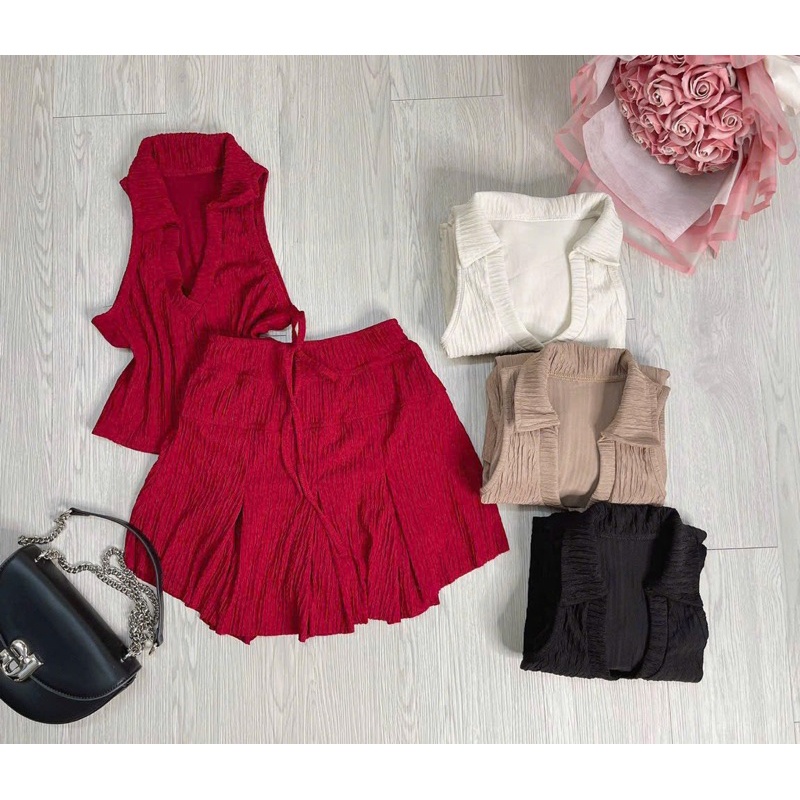 Set Bộ Xốp Nhún Áo Sát Nách 3 Lỗ V Cổ Bẻ + Váy Xoè Xếp Ly Lót Quần Kỹ