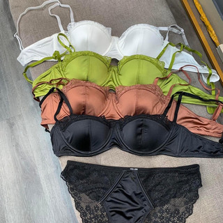 Bộ đồ lót lụa phối ren có gọng đệm mỏng cúp ngang tạo khe sexy - thaocherry bl15