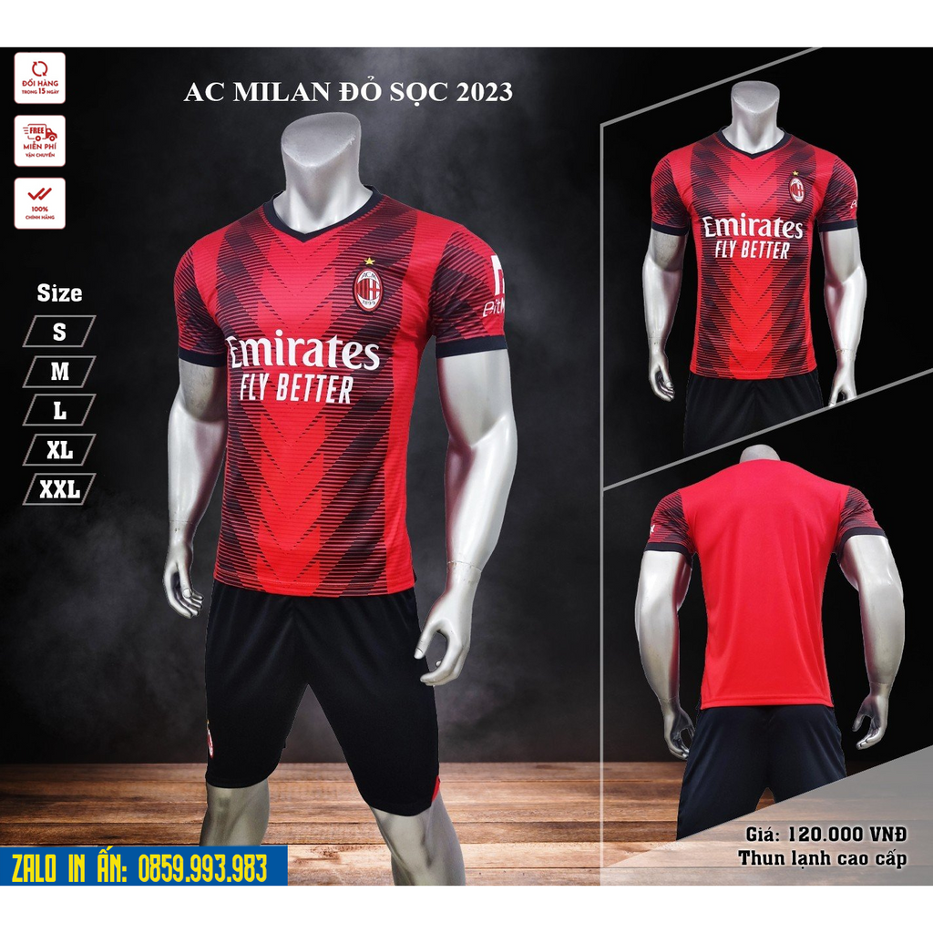 Quần Áo Bóng Đá Ac Milan Logo Thêu , Bộ Quần Áo Đá Banh AC Milan Đủ Mẫu Mới Nhất A11