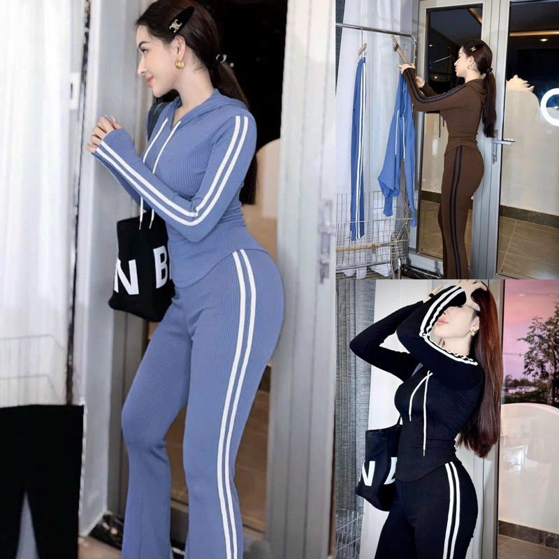 Set Bộ Thể Thao Viền Áo Croptop Vạt Bầu Tay Dài Nón + Quần Ống Loe Viền