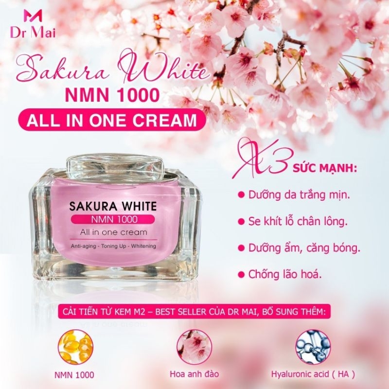 Kem ngày dưỡng trắng da Sakura White Nmn 1000 All in one cream.