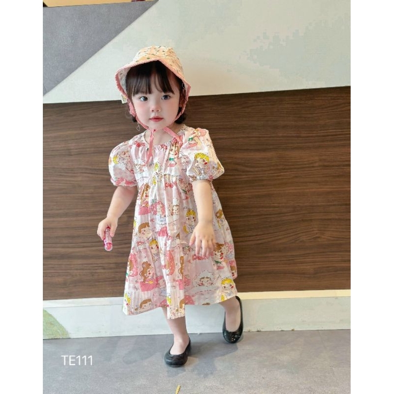 Váy cổ tròn tay phồng họa tiết siêu xinh cho bé
