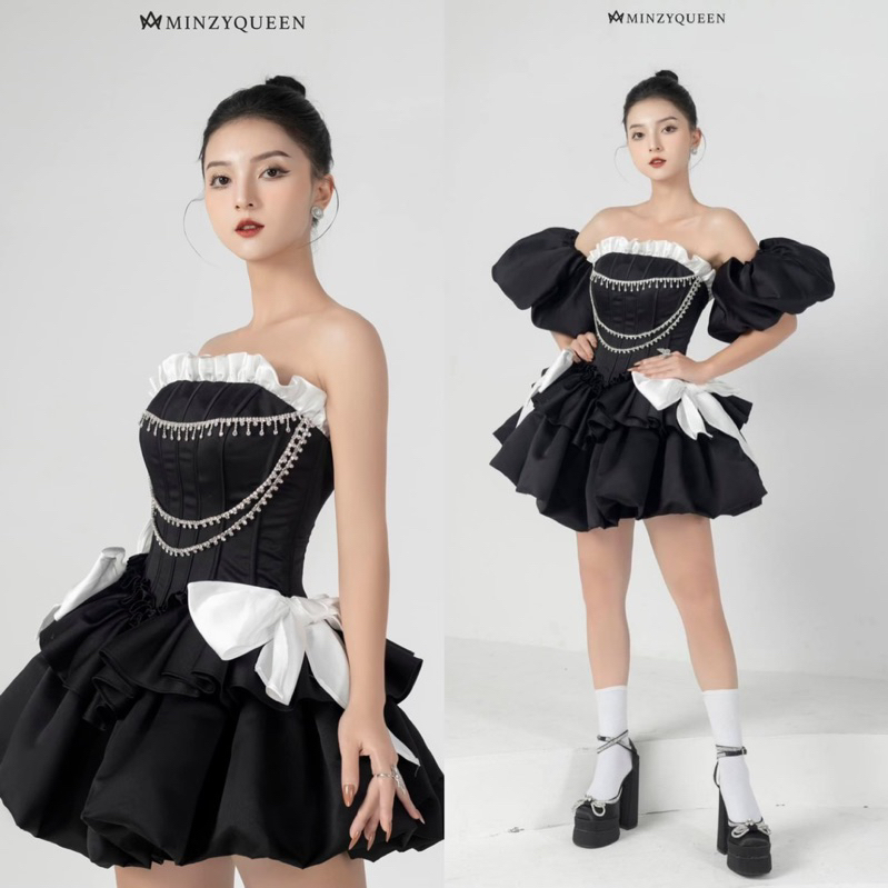MS1518V ĐẦM XOÈ CUP BÍ NƠ EO ĐÍNH ĐÁ VÀ BỒNG TAY  full size S/M/L/XL
