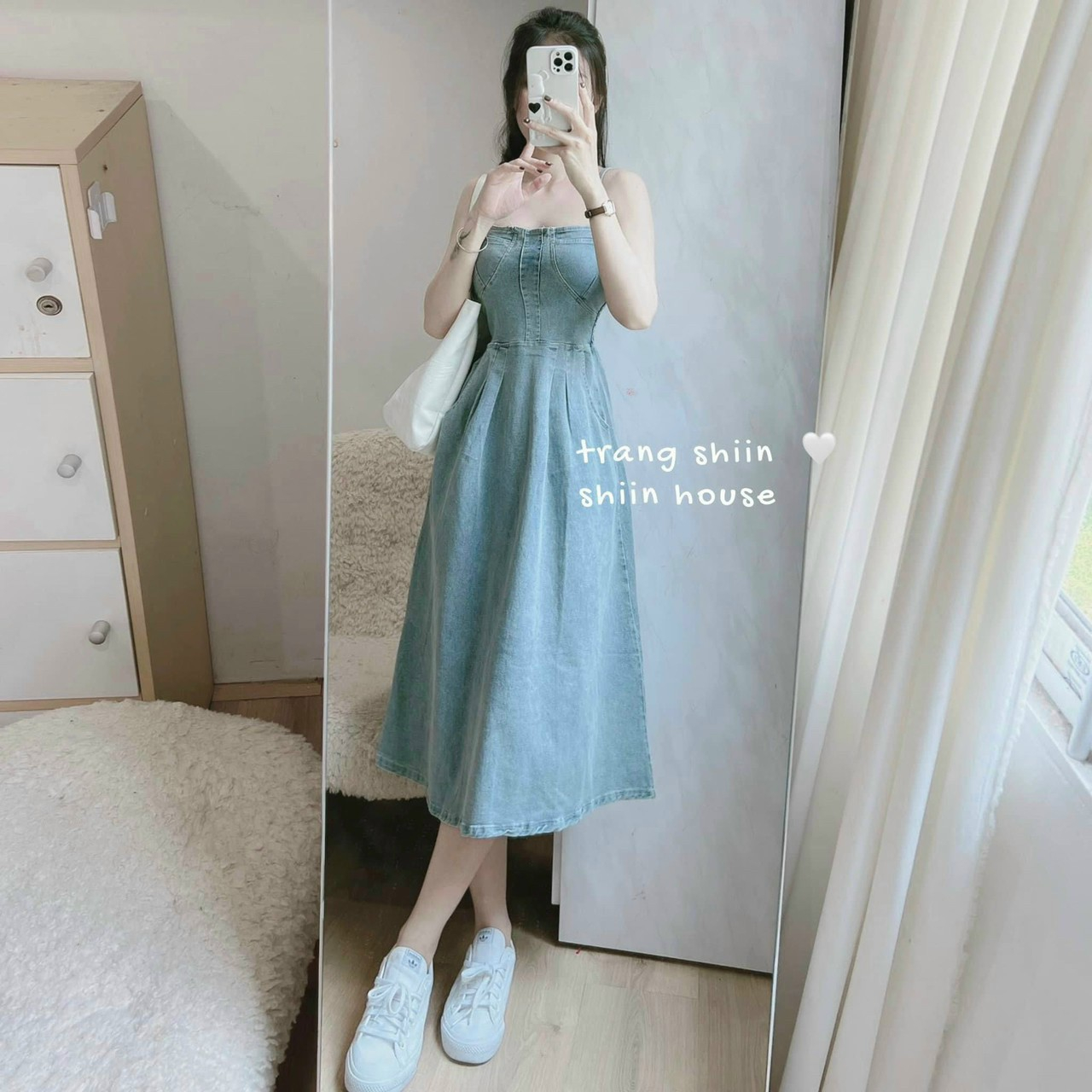 Đầm jean 2 dây fom xòe thiết kế trẻ trung mặc đi chơi, dự tiệc đều xinh