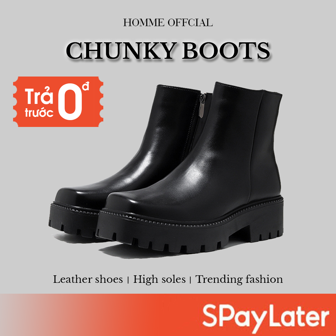 Giày Chunky boots nam mũi vuông, Giày da nam HOMME đế đúc 4,5cm tăng chiều cao 76596-R