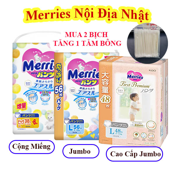 [Hà Nội]Bỉm Merries Dán/Quần Nội Địa Nhật Cộng Miếng - jumbo -cao cấp  (Date Mới) NB96/S88/M68/L58/M58+6