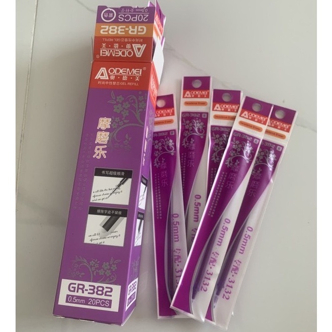 Hộp gồm 20 ruột bút gel bôi xoá được Aodemei loại tốt mực xanh/tím.