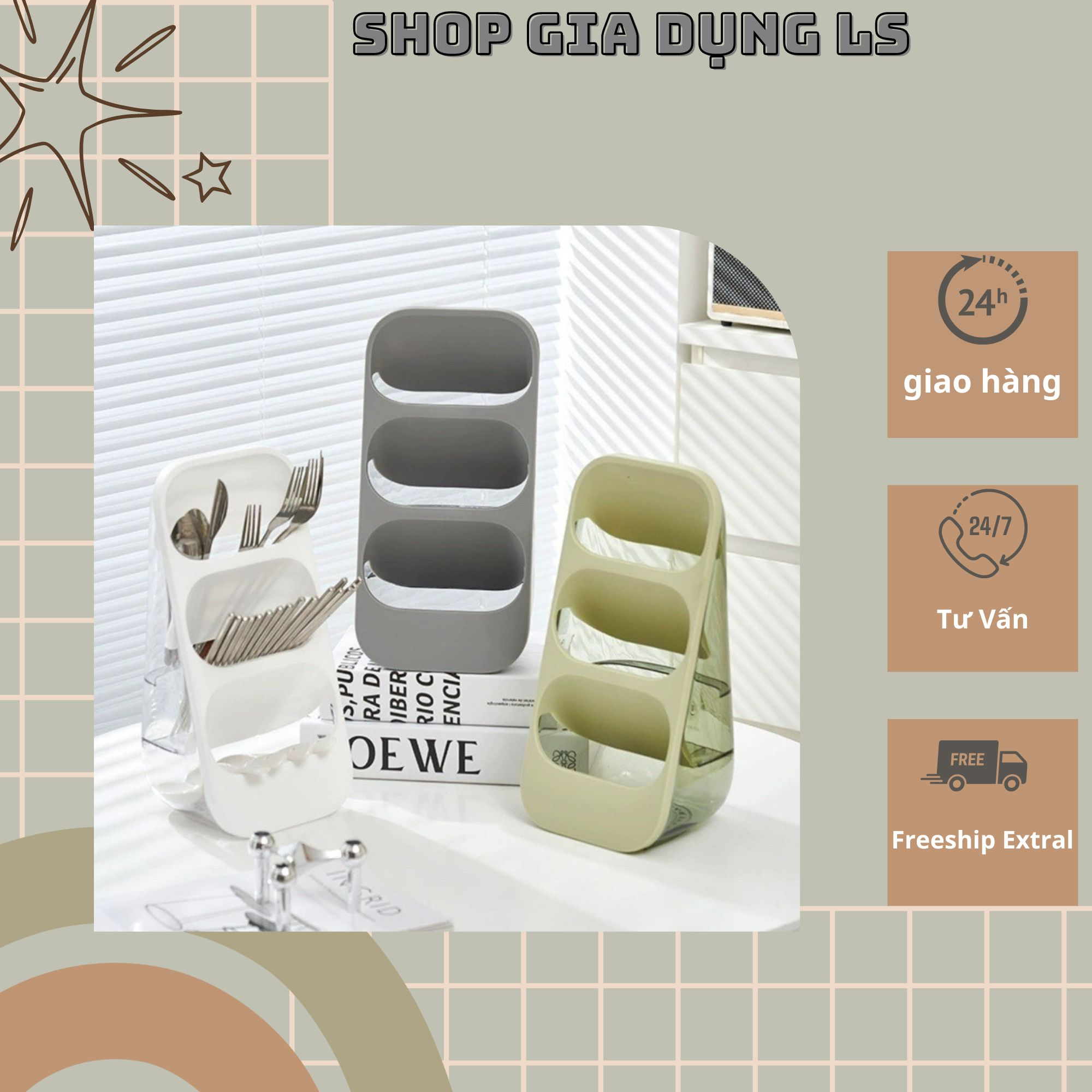 giá Đựng Đũa Thìa , Giá ống đựng đũa muỗng giá kệ để cắm dao nhà bếp đa năng thiết kế 3 ngăn tiện ích