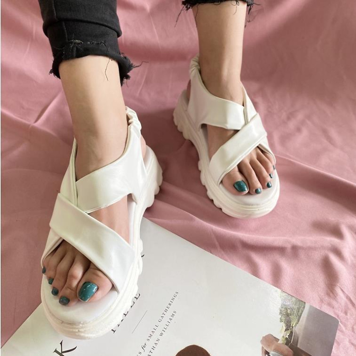 Dép quai da nữ , dép sanda đế cao 5cm chất da quảng châu