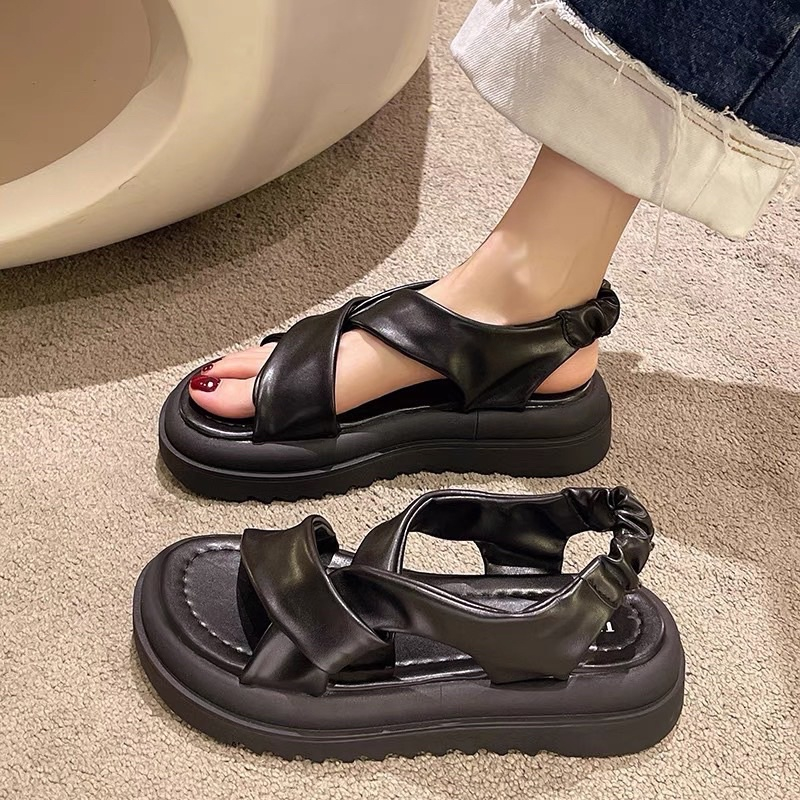 Dép quai da nữ , dép sanda đế cao 5cm chất da quảng châu