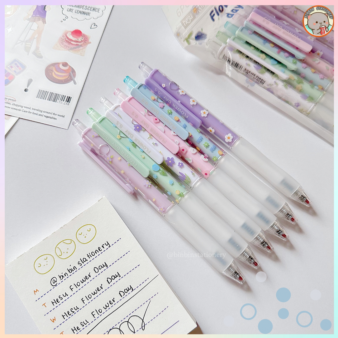 Set 6 bút Hesu Flower Day vỏ trong suốt, họa tiết hoa rơi HS - 777