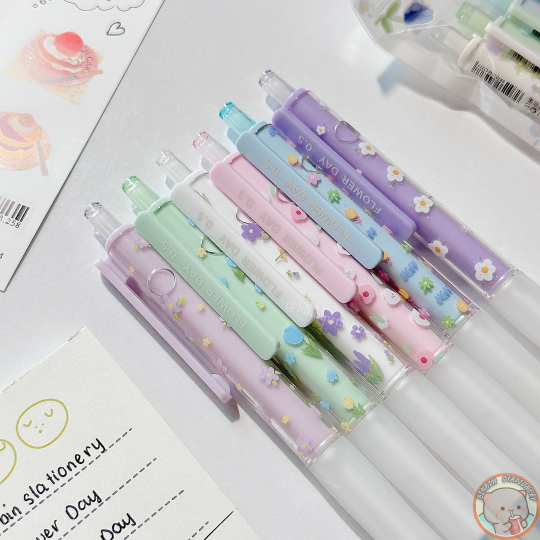 Set 6 bút Hesu Flower Day vỏ trong suốt, họa tiết hoa rơi HS - 777